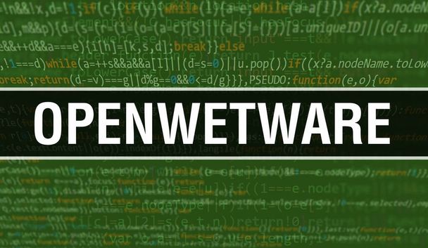OpenWetWare ilustración concepto utilizando código para el desarrollo de programas y aplicaciones. OpenWetWare código del sitio web con etiquetas de colores en la vista del navegador en el fondo oscuro. OpenWetWare en código binario - Foto, imagen