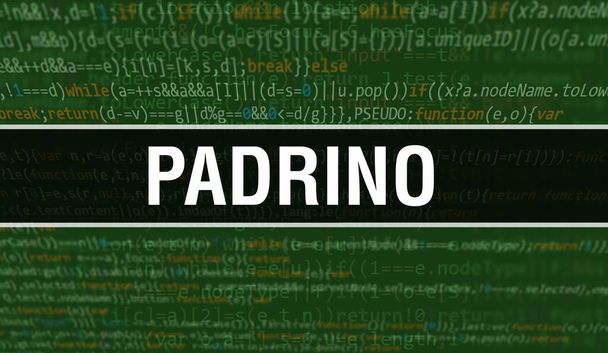 Ilustração do conceito Padrino usando código para desenvolver programas e aplicativos. Código do site Padrino com etiquetas coloridas na exibição do navegador em fundo escuro. Padrino em código de computador binário, backgroun - Foto, Imagem