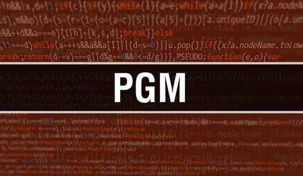 PGMのコンセプトイラストは、プログラムやアプリを開発するためのコードを使っている。暗い背景にブラウザビューでカラフルなタグとPGMのウェブサイトコード。バイナリコンピュータコード上のPGM 、背景 - 写真・画像