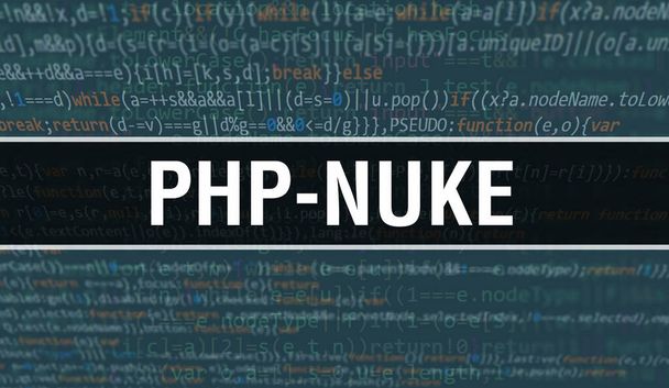 PHP-Nuke koncepció illusztráció kóddal programok és alkalmazások fejlesztéséhez. PHP-Nuke weboldal kód színes címkékkel böngészőnézetben sötét háttérrel. PHP-Nuke bináris számítógépes kód, backgroun - Fotó, kép