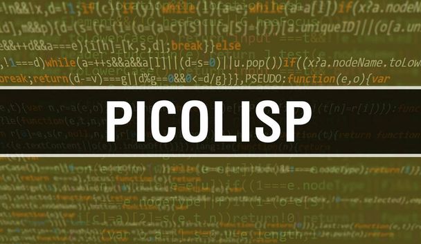 Picolisp koncept ilustrace pomocí kódu pro vývoj programů a aplikací. Picolisp webové stránky kód s barevnými štítky v prohlížeči pohled na tmavém pozadí. Picolisp na binárním kódu počítače, backgroun - Fotografie, Obrázek