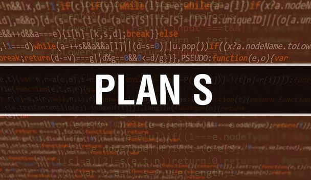 Plan S concept illustration using code for developing programs and app. Plan S website code with colourful tags in browser view on dark background. Plan S on binary computer code, backgroun - Photo, Image