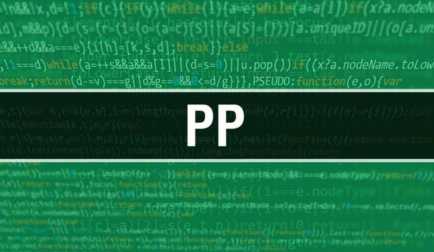 Ilustracja koncepcji PP przy użyciu kodu do tworzenia programów i aplikacji. Kod strony PP z kolorowymi znacznikami w widoku przeglądarki na ciemnym tle. PP na binarnym kodzie komputera, tło - Zdjęcie, obraz