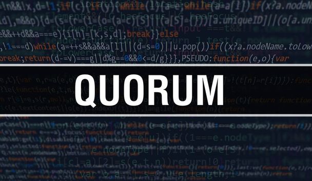 Концептуальная иллюстрация кворума с использованием кода для разработки программ и приложений. Код сайта Quorum с яркими тегами в окне браузера на темном фоне. Кворум на двоичный компьютерный код, backgroun - Фото, изображение