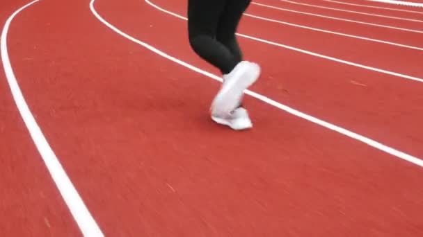 Sportliche Frau in Sportkleidung läuft auf der Stadionbahn. Läuferinnen joggen für das Training. Workout Gesunder Lebensstil. - Filmmaterial, Video