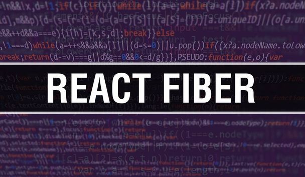 Иллюстрация концепции React Fiber с использованием кода для разработки программ и приложений. Среагируйте на код веб-сайта с помощью ярких тегов в окне браузера на темном фоне. Реакция волокна на бинарный компьютерный код - Фото, изображение