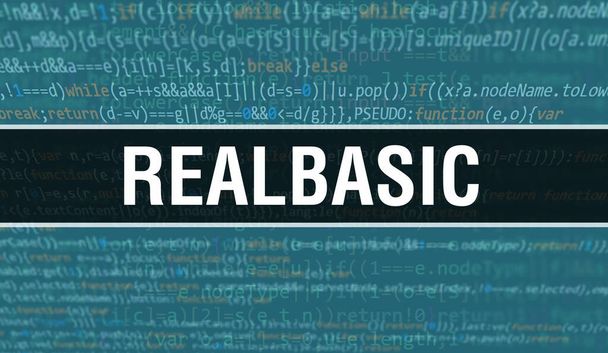 プログラムやアプリを開発するためのコードを使ったREALbasicのコンセプトイラスト。暗い背景にブラウザビューでカラフルなタグと現実的な基本的なウェブサイトコード。バイナリ・コンピュータ・コードのREALbasic - 写真・画像