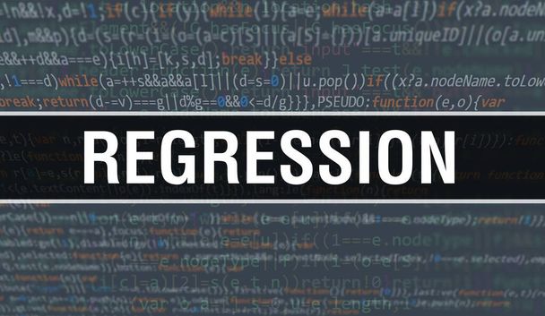 иллюстрация концепции регрессии с использованием кода для разработки программ и приложений. код сайта регрессии с яркими тегами в браузере на темном фоне. регрессия бинарного компьютерного кода - Фото, изображение