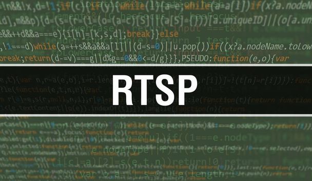 RTSPの概念図は、プログラムやアプリを開発するためのコードを使う。ダークな背景にブラウザビューでカラフルなタグとRTSPのウェブサイトコード。RTSP on binary code, backgrown - 写真・画像