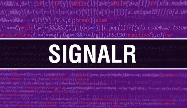 SignalR koncepció illusztráció kóddal programok és alkalmazások fejlesztéséhez. SignalR weboldal kód színes címkékkel böngészőnézetben sötét háttérrel. SignalR bináris számítógépes kódra, backgroun - Fotó, kép