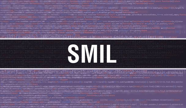 SMIL con tecnología abstracta Fondo de código binario. Datos binarios digitales y concepto de datos seguros. Software / Web Developer Programming Code y SMIL. SMIL Javascript Resumen Scrip ordenador - Foto, imagen