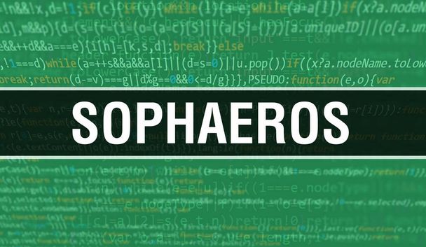 SOPHAEROS koncepció illusztráció kóddal programok és alkalmazások fejlesztéséhez. SOPHAEROS weboldal kód színes címkékkel a böngésző nézetében sötét háttérrel. SOPHAEROS bináris számítógépes kód, backgroun - Fotó, kép