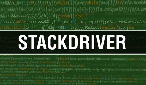 Ilustración del concepto de Stackdriver usando código para desarrollar programas y aplicaciones. Código del sitio web de Stackdriver con etiquetas de colores en la vista del navegador en el fondo oscuro. Stackdriver en código binario - Foto, Imagen