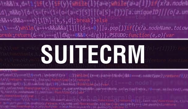 SuiteCRM koncepció illusztráció kóddal programok és alkalmazások fejlesztéséhez. SuiteCRM weboldal kód színes címkékkel böngészőnézetben sötét háttérrel. SuiteCRM bináris számítógépes kód, backgroun - Fotó, kép
