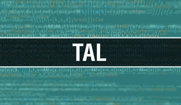 TAL-Konzept Illustration mit Code für die Entwicklung von Programmen und App. TAL-Website-Code mit bunten Tags in Browser-Ansicht auf dunklem Hintergrund. TAL auf binärem Computercode, Hintergrund - Foto, Bild