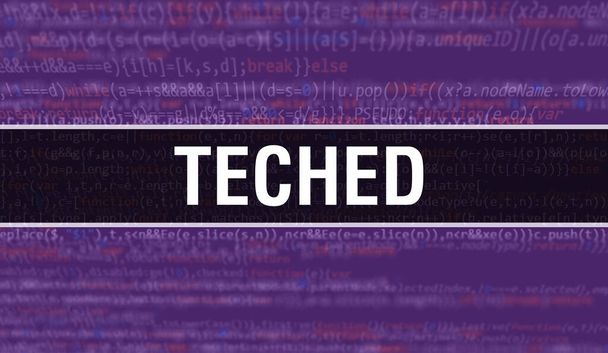 Ilustracja koncepcji TechEd przy użyciu kodu do tworzenia programów i aplikacji. Kod strony internetowej TechEd z kolorowymi znacznikami w widoku przeglądarki na ciemnym tle. TechEd na binarnym kodzie komputera, backgroun - Zdjęcie, obraz