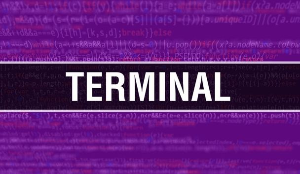 Концептуальная иллюстрация TERMINAL с использованием кода для разработки программ и приложений. Терминологический код сайта с яркими тегами в окне браузера на темном фоне. ТЕРМИНАЛ по бинарному компьютерному коду, backgroun
 - Фото, изображение
