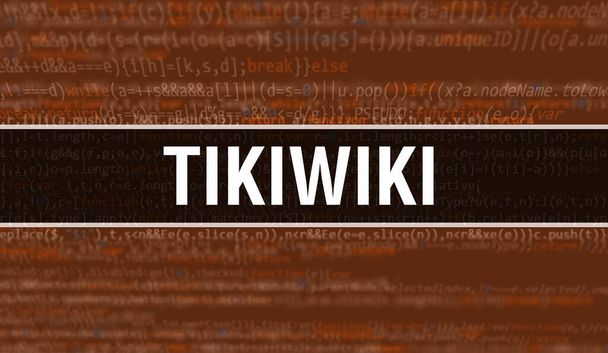 TikiWiki ilustração conceito usando código para o desenvolvimento de programas e aplicativo. Código do site TikiWiki com etiquetas coloridas na exibição do navegador em fundo escuro. TikiWiki em código de computador binário, backgroun - Foto, Imagem