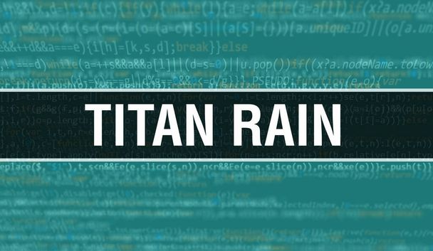 Illustration des Titan Rain Konzepts mittels Code zur Entwicklung von Programmen und Apps. Titan Rain Website-Code mit bunten Tags in Browser-Ansicht auf dunklem Hintergrund. Titan Rain auf binären Computercode - Foto, Bild