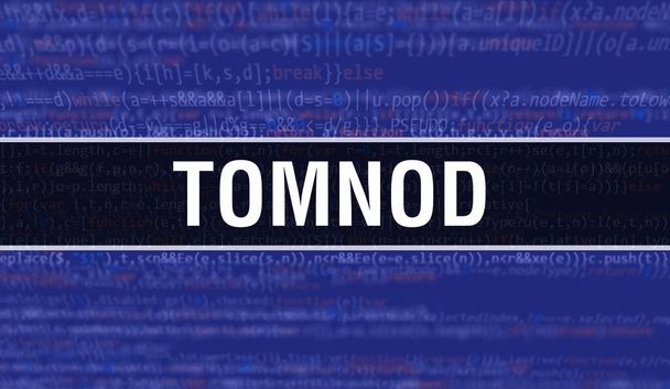 ilustração conceito Tomnod usando código para o desenvolvimento de programas e aplicativo. Código do site Tomnod com etiquetas coloridas na exibição do navegador em fundo escuro. Tomnod em código de computador binário, backgroun - Foto, Imagem