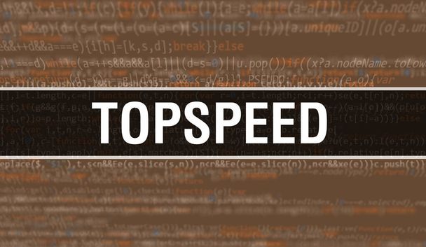 Εικονογράφηση έννοια Topspeed χρησιμοποιώντας κώδικα για την ανάπτυξη προγραμμάτων και εφαρμογών. Topspeed κωδικός ιστοσελίδας με πολύχρωμες ετικέτες στην προβολή του προγράμματος περιήγησης σε σκούρο φόντο. Κορυφαία ταχύτητα στον δυαδικό κώδικα υπολογιστών, backgroun - Φωτογραφία, εικόνα