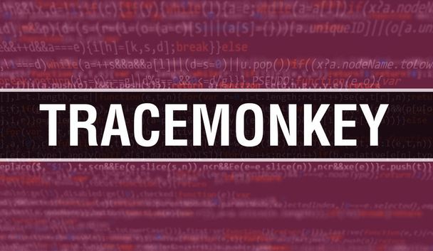 Концептуальная иллюстрация TraceMonkey с использованием кода для разработки программ и приложений. Код сайта TraceMonkey с яркими тегами в браузере на темном фоне. TraceMonkey на бинарном коде - Фото, изображение
