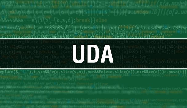 Ilustracja koncepcji UDA przy użyciu kodu do tworzenia programów i aplikacji. Kod strony internetowej UDA z kolorowymi znacznikami w widoku przeglądarki na ciemnym tle. UDA na binarnym kodzie komputera, tło - Zdjęcie, obraz