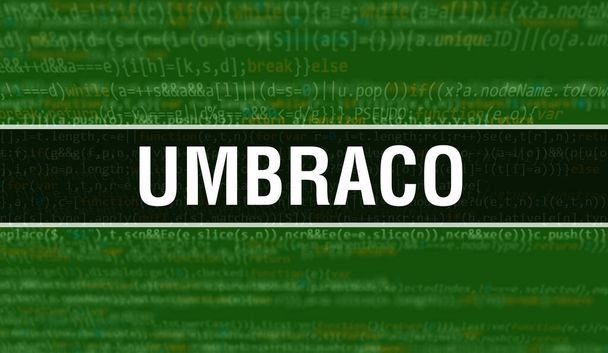 Ilustración conceptual de Umbraco utilizando código para desarrollar programas y aplicaciones. Código del sitio web de Umbraco con etiquetas de colores en la vista del navegador sobre fondo oscuro. Umbraco en código binario, backgroun - Foto, Imagen
