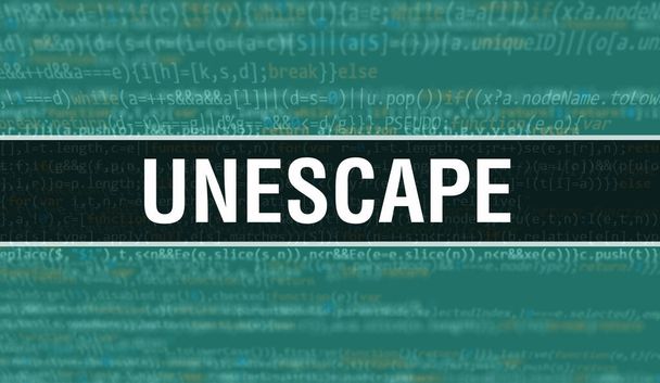 Unescape koncepció illusztráció kóddal programok és alkalmazások fejlesztéséhez. Unescape weboldal kód színes címkék böngésző nézet sötét háttér. Unescape bináris számítógépes kód, backgroun - Fotó, kép