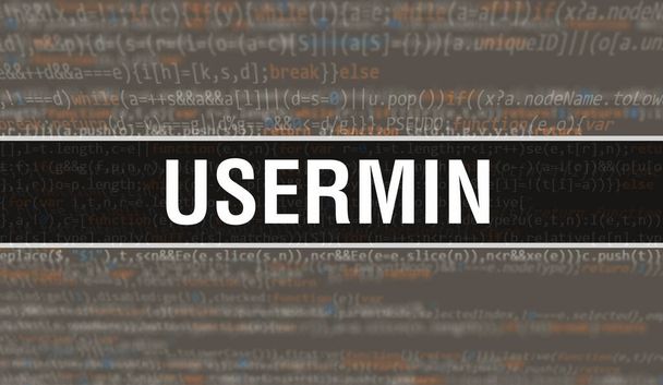 Usermin koncept ilustrace pomocí kódu pro vývoj programů a aplikací. Usermin kód webové stránky s barevnými tagy v prohlížeči pohled na tmavém pozadí. Usermin na binárním kódu počítače, backgroun - Fotografie, Obrázek