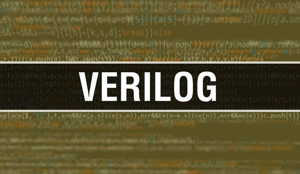 Ilustración del concepto de Verilog usando código para desarrollar programas y aplicaciones. Verilog código del sitio web con etiquetas de colores en la vista del navegador en el fondo oscuro. Verilog en código informático binario, backgroun - Foto, imagen