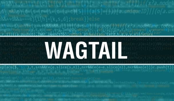 Wagtail konsepti illüstrasyonu program ve uygulama geliştirmek için kod kullanıyor. Wagtail web sitesi kodu, koyu arkaplanda tarayıcı görünümünde renkli etiketler. İkili bilgisayar kodunda Wagtail, geri gruplama - Fotoğraf, Görsel