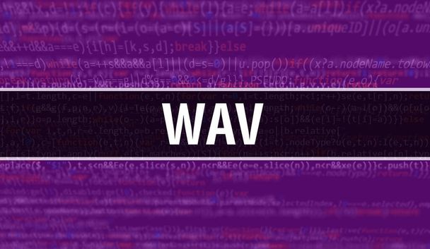 wav концепция иллюстрация с использованием кода для разработки программ и приложений. wav код сайта с яркими тегами в окне браузера на темном фоне. wav on binary computer code, backgroun - Фото, изображение