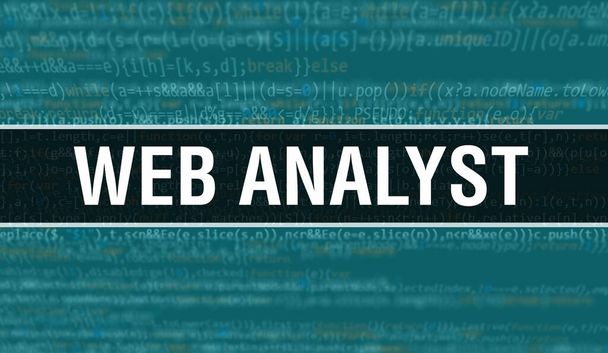 Web Analyst koncept ilustrace pomocí kódu pro vývoj programů a aplikací. Webový analytik kód webové stránky s barevnými tagy v prohlížeči zobrazení na tmavém pozadí. Webový analytik na binárním kódu počítače - Fotografie, Obrázek