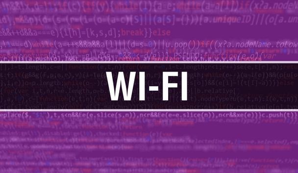 Εικονογράφηση έννοιας Wi-Fi χρησιμοποιώντας κώδικα για την ανάπτυξη προγραμμάτων και εφαρμογών. Κωδικός ιστοσελίδας Wi-Fi με πολύχρωμες ετικέτες στην προβολή του προγράμματος περιήγησης σε σκούρο φόντο. Wi-Fi σε δυαδικό κώδικα υπολογιστή, backgroun - Φωτογραφία, εικόνα