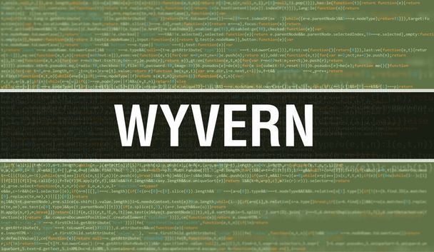 Wyvern concept illustratie met behulp van code voor het ontwikkelen van programma 's en app. Wyvern website code met kleurrijke tags in browser weergave op donkere achtergrond. Wyvern op binaire computercode, backgroun - Foto, afbeelding