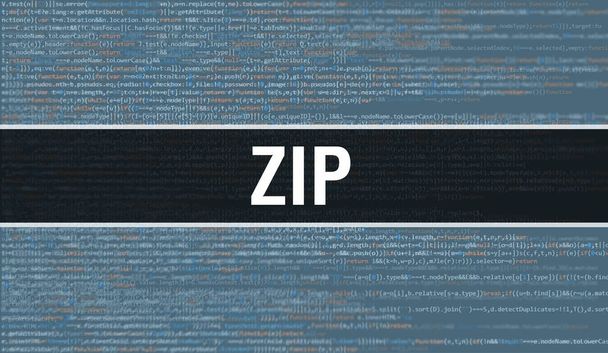 ZIP koncepció illusztráció kóddal programok és alkalmazások fejlesztéséhez. ZIP weboldal kód színes címkékkel a böngésző nézet sötét háttérrel. ZIP bináris számítógépes kód, backgroun - Fotó, kép
