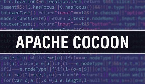 Apache Cocoon ilustración concepto utilizando código para el desarrollo de programas y aplicaciones. Código del sitio web de Apache Cocoon con etiquetas de colores en la vista del navegador sobre fondo oscuro. Apache Cocoon en computación binaria - Foto, imagen