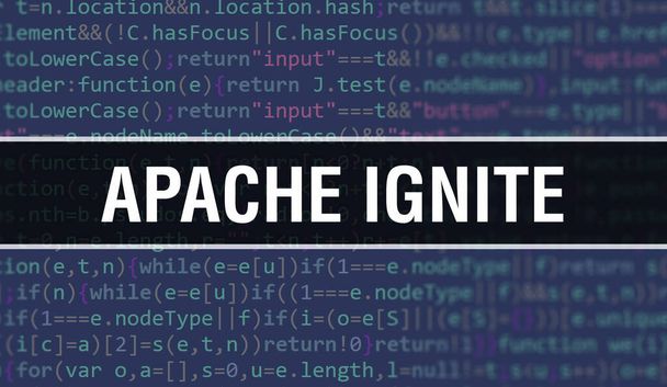 Illustrazione del concetto di Apache Ignite utilizzando il codice per lo sviluppo di programmi e app. Codice del sito web di Apache Ignite con tag colorati nella vista del browser su sfondo scuro. Apache Ignite sulla computazione binaria - Foto, immagini