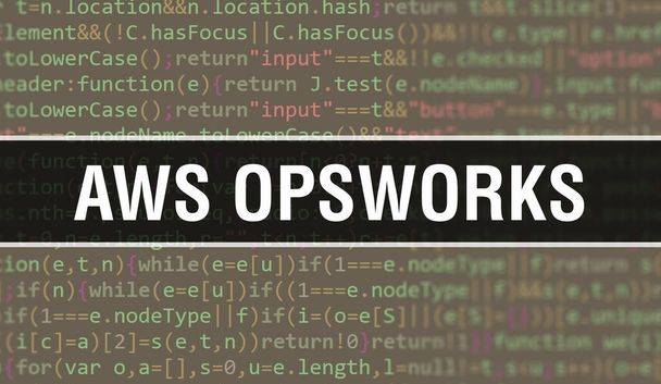 AWS OpsWorksのコンセプトイラストは、プログラムやアプリを開発するためのコードを使用しています。AWS OpsWorksのWebサイトコードは、暗い背景のブラウザビューでカラフルなタグで動作します。AWS OpsWorks on binary computer code - 写真・画像