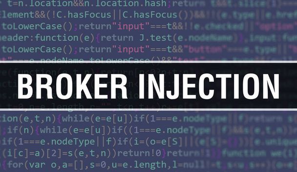 Концепція "Broker injection" використовує код для розробки програм та додатків. Код веб-сайту з кольоровими тегами в браузері на темному тлі. Впорскування брокера на бінар. - Фото, зображення