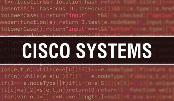 プログラムやアプリを開発するためのコードを使用したCisco Systemsの概念図。暗い背景にブラウザビューでカラフルなタグを持つCisco Systemsのウェブサイトコード。バイナリコンピュータ上のCisco Systems - 写真・画像