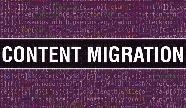 Концепция миграции контента иллюстрация с использованием кода для разработки программ и приложений. Код веб-сайта миграции контента с яркими тегами в браузере на темном фоне. Миграция контента на бинаре - Фото, изображение