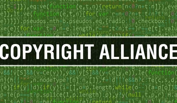 Ilustracja koncepcji Copyright Alliance przy użyciu kodu do tworzenia programów i aplikacji. Kod strony internetowej Copyright Alliance z kolorowymi znacznikami w widoku przeglądarki na ciemnym tle. Sojusz praw autorskich - Zdjęcie, obraz