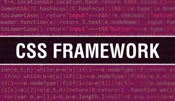 Ilustración del concepto de marco CSS utilizando código para desarrollar programas y aplicaciones. CSS código del sitio web marco con etiquetas de colores en la vista del navegador en el fondo oscuro. Marco CSS sobre computación binaria - Foto, imagen