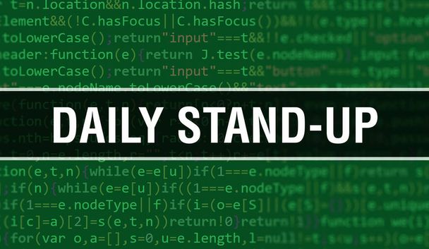 Ilustración del concepto de Stand-Up diario utilizando código para desarrollar programas y aplicaciones. Daily Stand-Up código del sitio web con etiquetas de colores en la vista del navegador en el fondo oscuro. Stand-Up diario en computación binaria - Foto, imagen