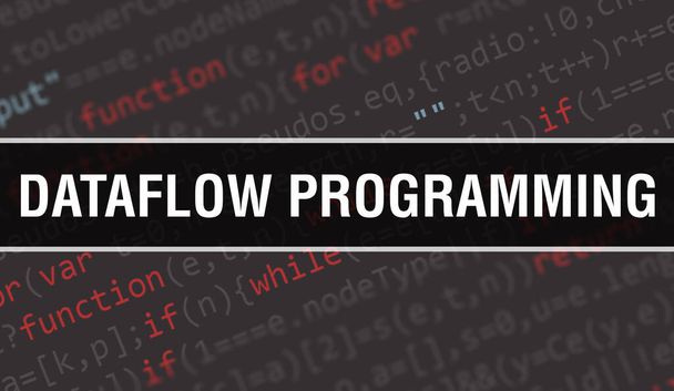 Dataflow programozási koncepció illusztráció kóddal programok és alkalmazások fejlesztéséhez. Dataflow Programozó webhely kód színes címkékkel böngészőnézetben sötét háttérrel. Adatbázis-programmin - Fotó, kép