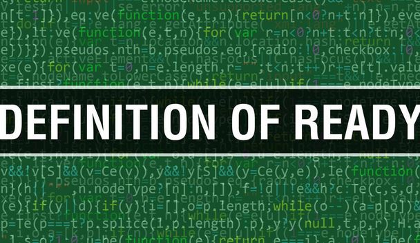 Definice konceptu Ready pomocí kódu pro vývoj programů a aplikací. Definice kódu webové stránky Ready s barevnými štítky v zobrazení prohlížeče na tmavém pozadí. Definice připravenosti o - Fotografie, Obrázek