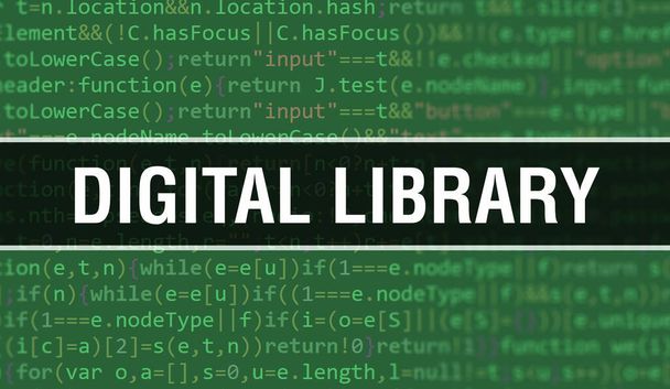 Digitális könyvtár koncepció illusztráció kóddal programok és alkalmazások fejlesztéséhez. Digitális könyvtár weboldal kód színes címkéket böngésző nézet sötét háttérrel. Digitális könyvtár bináris - Fotó, kép