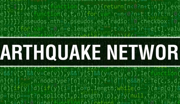 Ilustracja koncepcji trzęsienia ziemi przy użyciu kodu do tworzenia programów i aplikacji. Kod strony sieci Earthquake Network z kolorowymi znacznikami w widoku przeglądarki na ciemnym tle. Sieć trzęsień ziemi o - Zdjęcie, obraz